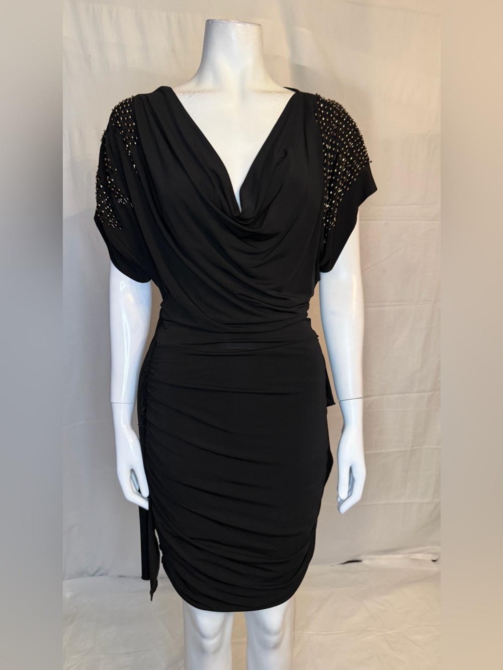 Stella & Jamie Black Draped Ruched Cocktail Dress with Beaded Shoulders
